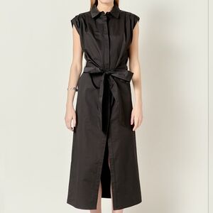 NWT - English Factory Cotton Sable Shoulder Pleated Black Midi Shirtdress-Size L